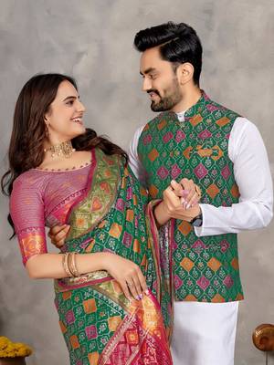 Elegant men's kurta with jacquard silk koti & women's green saree set 2