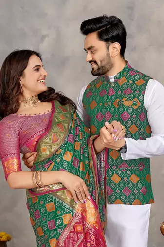 Elegant men's kurta with jacquard silk koti & women's green saree set