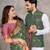 Elegant men's kurta with jacquard silk koti & women's green saree set