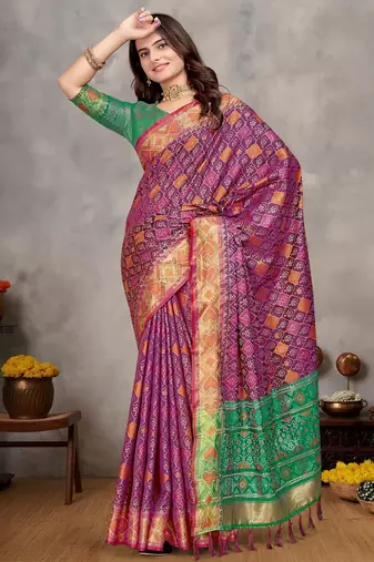 Elegant men's kurta with jacquard silk koti & women's purple saree set
