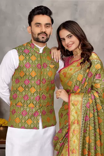 Elegant men's kurta with jacquard silk koti & women's saree set in olive green