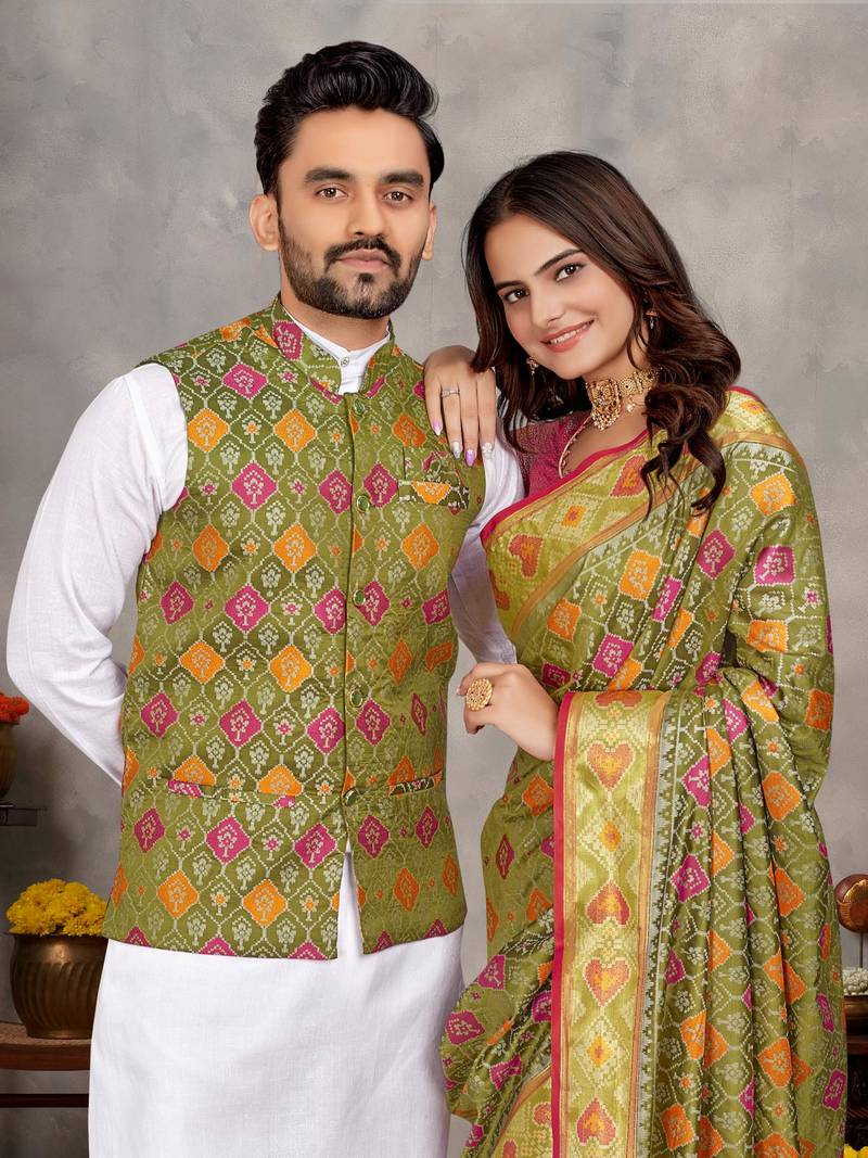 Elegant men's kurta with jacquard silk koti & women's saree set in olive green