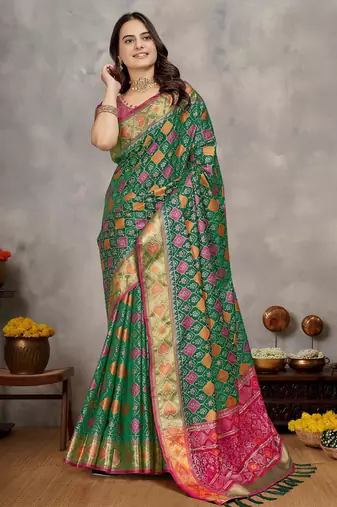 Elegant men's kurta with jacquard silk koti & women's green saree set