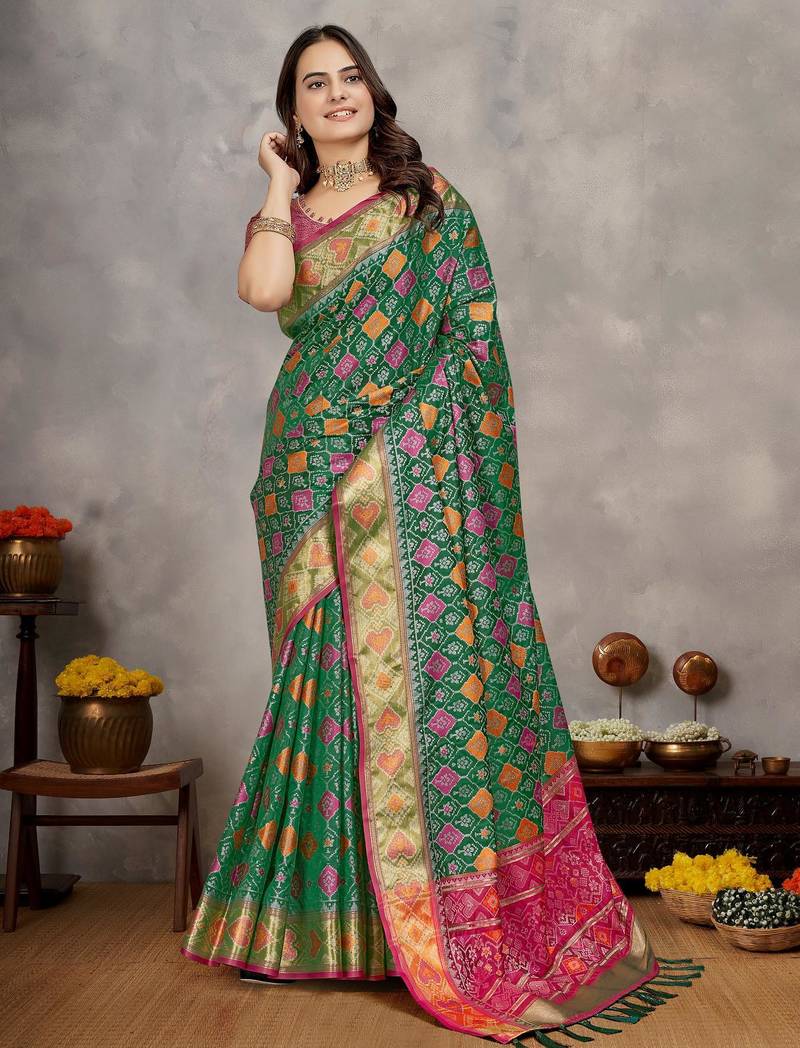 Elegant men's kurta with jacquard silk koti & women's green saree set
