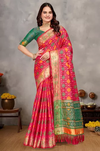 Elegant men's kurta with jacquard silk koti & women's pink saree set