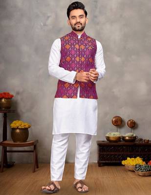 Elegant men's kurta with jacquard silk koti & women's purple saree set 4