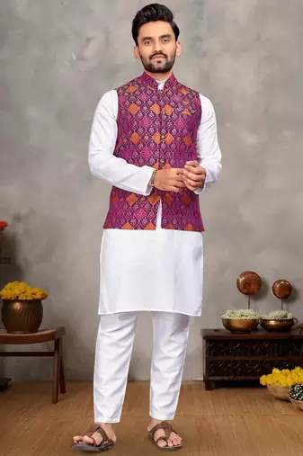 Elegant men's kurta with jacquard silk koti & women's purple saree set