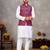 Elegant men's kurta with jacquard silk koti & women's purple saree set