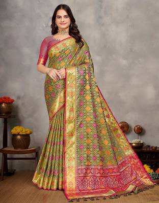 Elegant men's kurta with jacquard silk koti & women's saree set in olive green 3