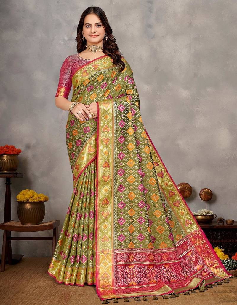 Elegant men's kurta with jacquard silk koti & women's saree set in olive green