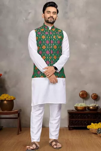 Elegant men's kurta with jacquard silk koti & women's green saree set