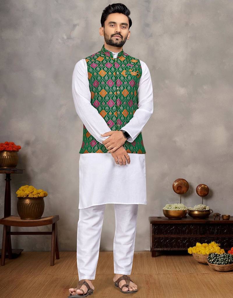 Elegant men's kurta with jacquard silk koti & women's green saree set