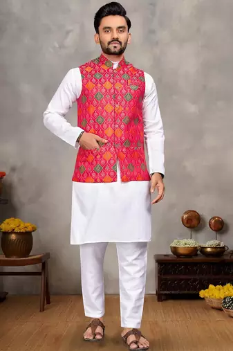 Elegant men's kurta with jacquard silk koti & women's pink saree set