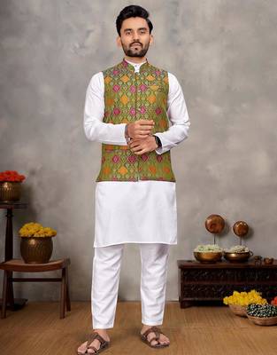 Elegant men's kurta with jacquard silk koti & women's saree set in olive green 4