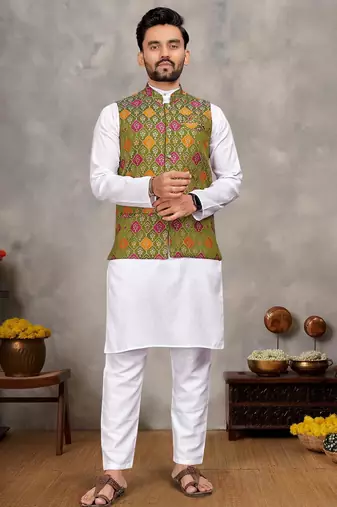Elegant men's kurta with jacquard silk koti & women's saree set in olive green