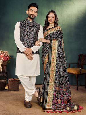 Black jacquard silk kurta payjama koti & saree couple set 1