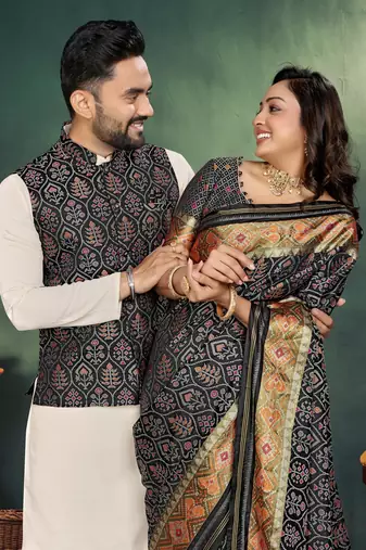 Black jacquard silk kurta payjama koti & saree couple set