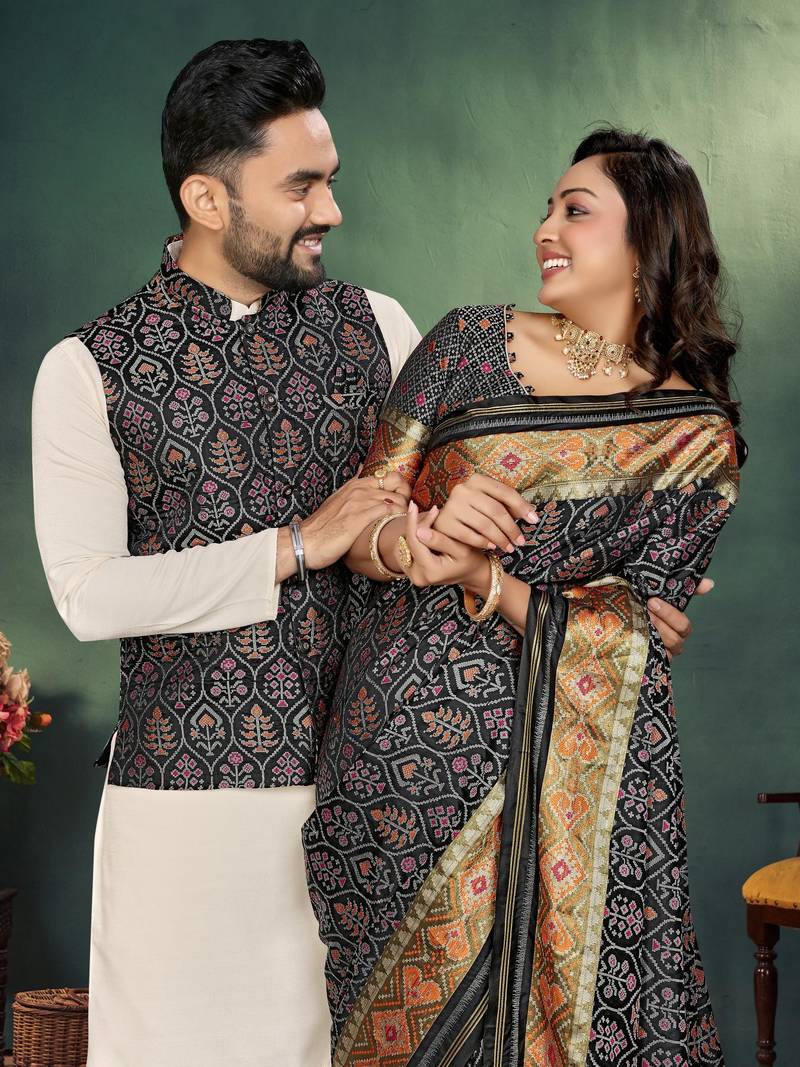 Black jacquard silk kurta payjama koti & saree couple set