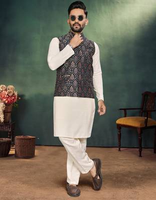 Black jacquard silk kurta payjama koti & saree couple set 4