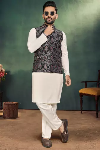 Black jacquard silk kurta payjama koti & saree couple set