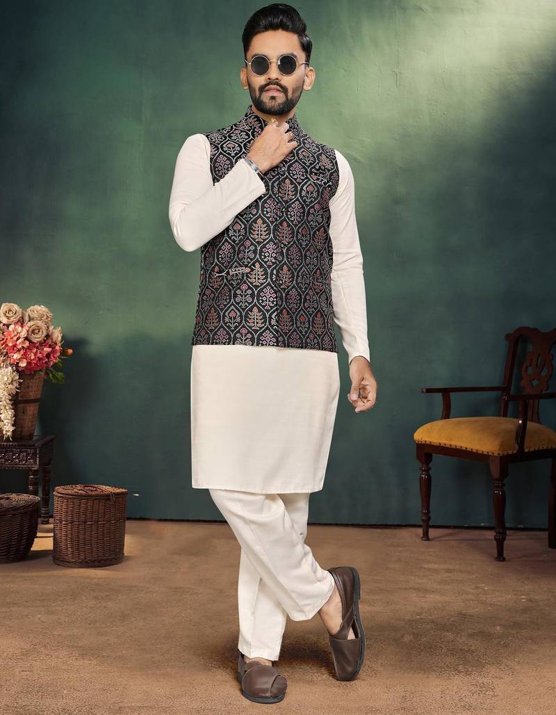 Black jacquard silk kurta payjama koti & saree couple set