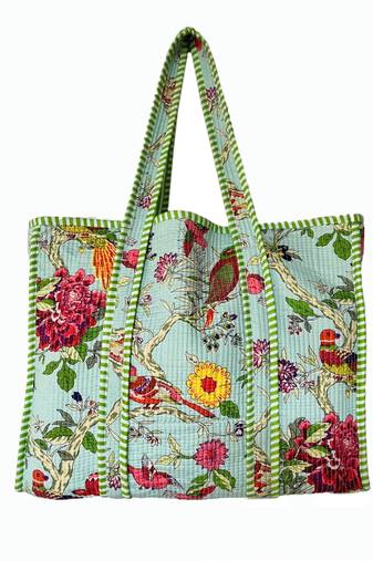 Indian Handmade Quilted Cotton Tote Bag Floral Print Women Shoulder Bag Shopping Grocery Carry Beach Bag Gift for Her