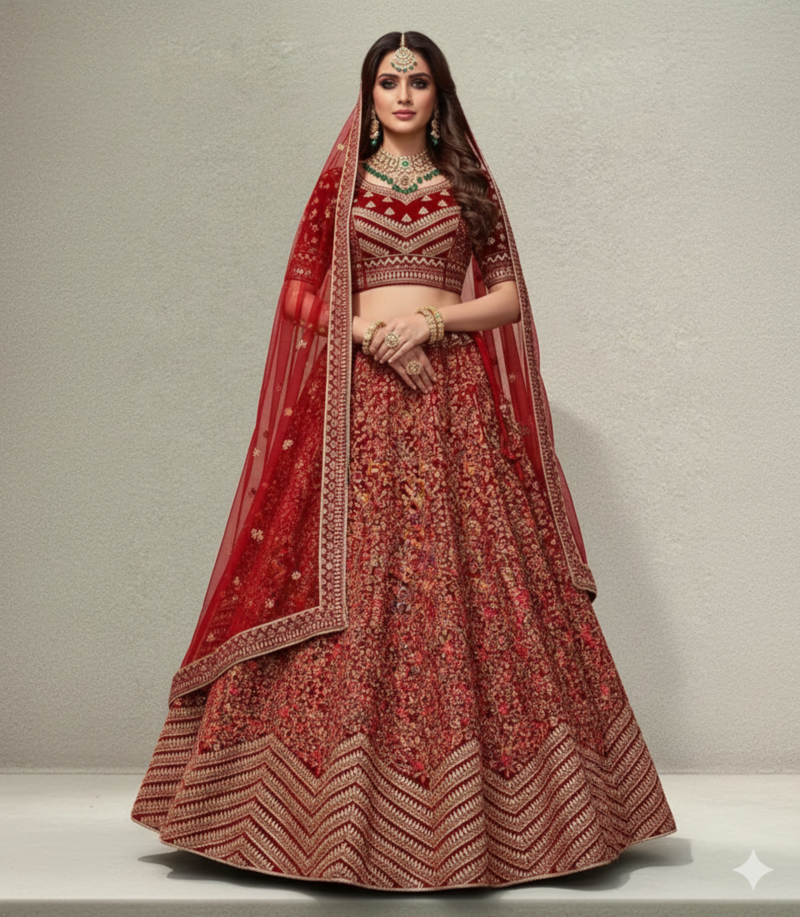 Kashmiri Work Royal Red Lehenga With Unstitched Blouse