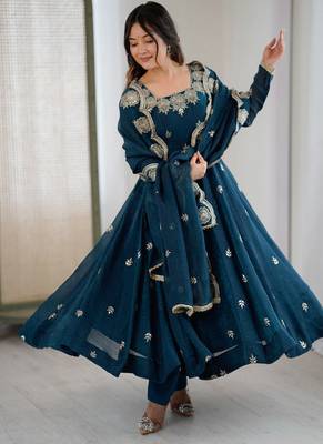 teal blue organza blend embroidered anarkali set 1