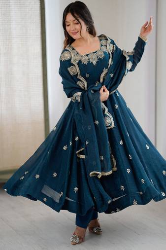 teal blue organza blend embroidered anarkali set