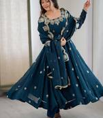 teal blue organza blend embroidered anarkali set