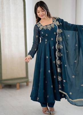 teal blue organza blend embroidered anarkali set 2