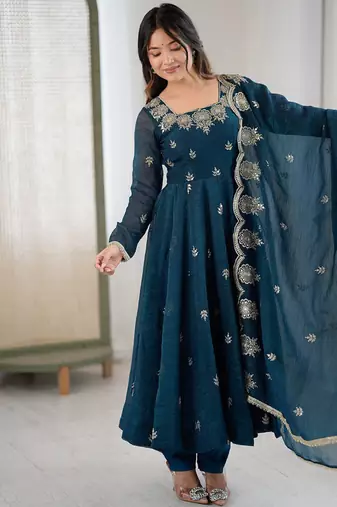 teal blue organza blend embroidered anarkali set