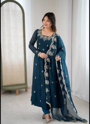 teal blue organza blend embroidered anarkali set 3