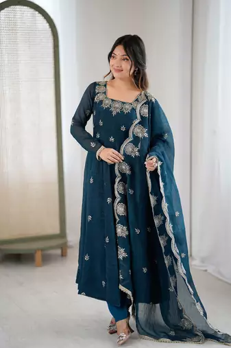 teal blue organza blend embroidered anarkali set