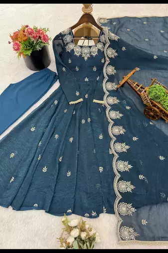 teal blue organza blend embroidered anarkali set