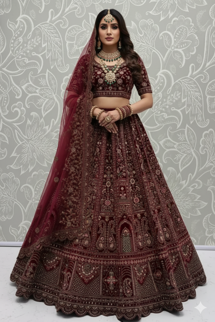 maroon velvet sequins embroidered bridal lehenga set choli with dupatta