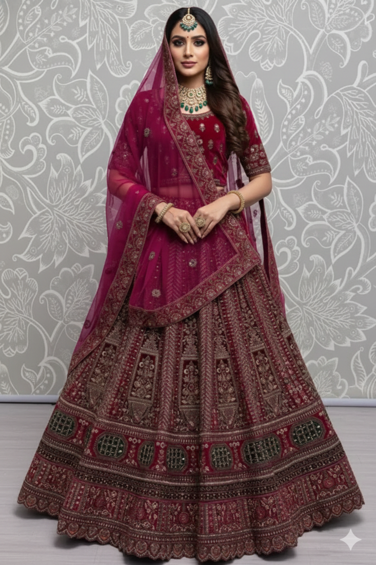 pink velvet hand mirror work bridal lehenga set choli with dupatta with dupatta