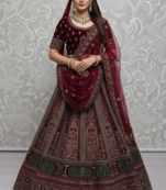 red velvet thread embroidered bridal lehenga set choli with dupatta with dupatta