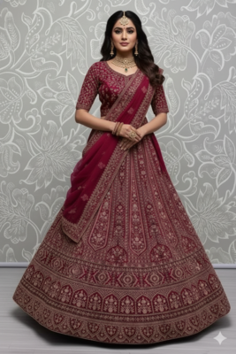 pink dori work velvet bridal lehenga set choli with dupatta with double dupatta 1