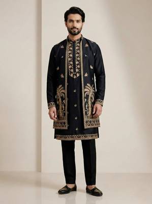 black doniyar shartin kurta set with long embroidered jacket 1