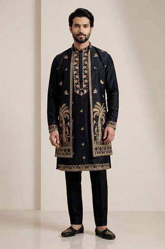 Black doniyar shartin men's kurta pyjama with long jacket