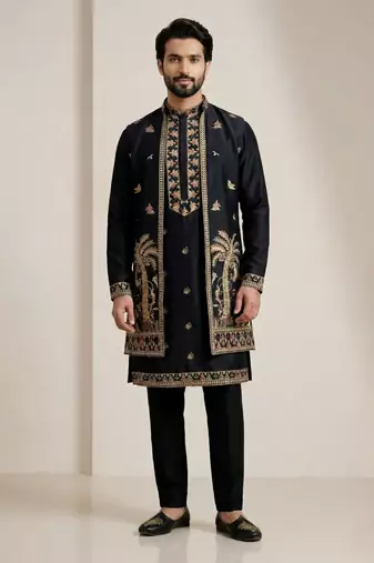 Black doniyar shartin men's kurta pyjama with long jacket