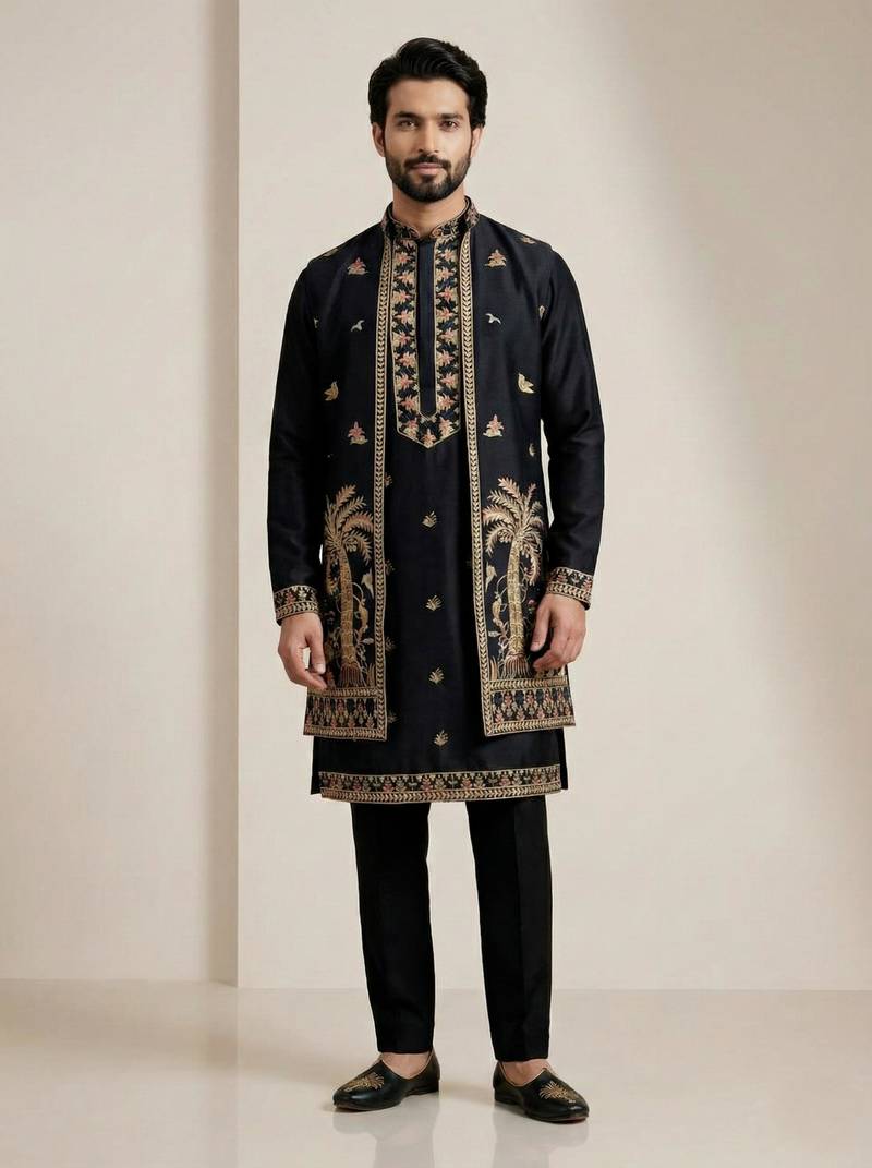 Black doniyar shartin men's kurta pyjama with long jacket