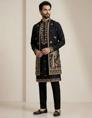 black doniyar shartin kurta set with long embroidered jacket 2