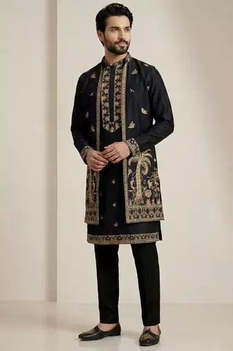 black doniyar shartin kurta set with long embroidered jacket