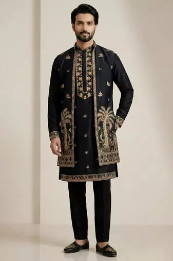black doniyar shartin kurta set with long embroidered jacket