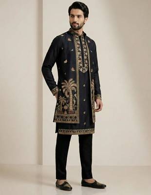 black doniyar shartin kurta set with long embroidered jacket 4