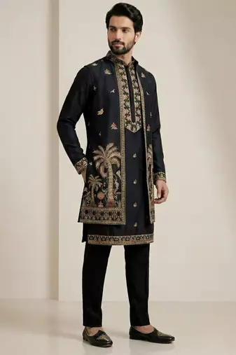 black doniyar shartin kurta set with long embroidered jacket