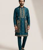 Teal doniyar shartin men's kurta pyjama with long jacket