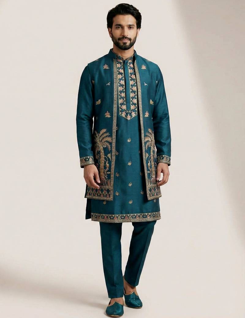 Teal doniyar shartin men's kurta pyjama with long jacket